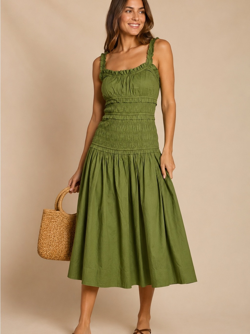Caroline Constas Smocked Olive Green Midi Sundress with Ruffled Straps